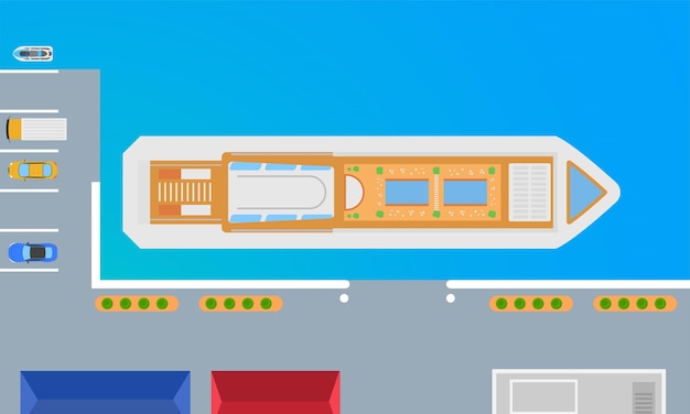 Вектор Верхний вид парковочной зоны городской гавани для иллюстрации корабля в стиле плоского дизайна
