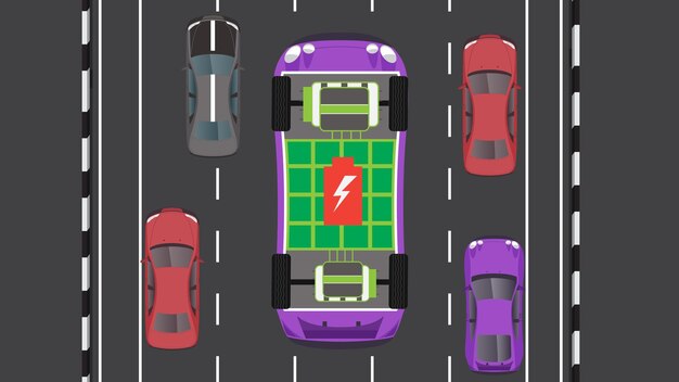 ベクトル バッテリーパックとモーターを搭載した ev 車両のトップビュー