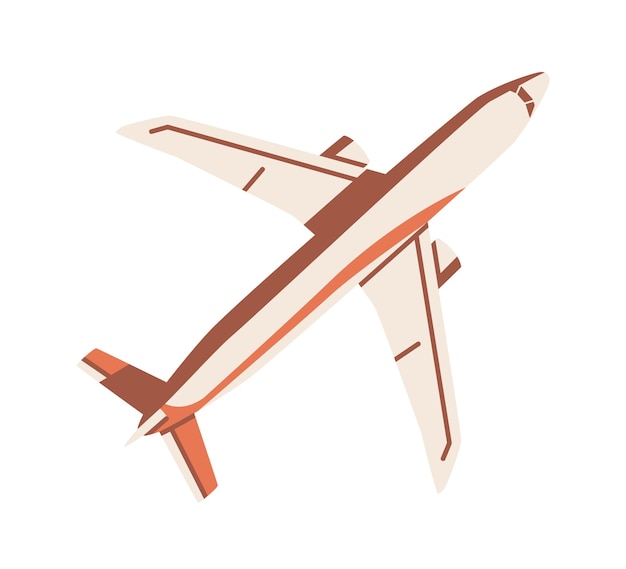 空飛ぶ飛行機の平面図です。航空機の飛行。尾翼、翼、エンジンを備えた飛行機。旅客エアジェット。白い背景で隔離の空中輸送の色付きのフラット ベクトル イラスト。