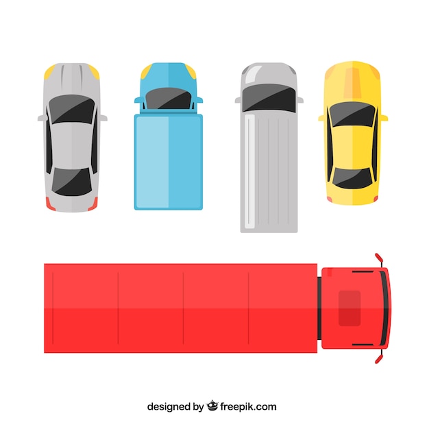 4台の車と1台のトラックの上面図