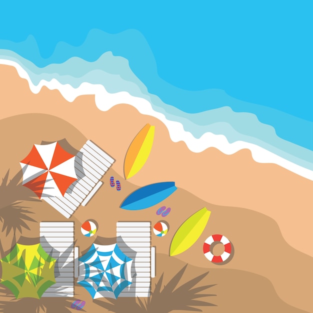 해변 항목과 파도와 여름 휴가의 상위 뷰