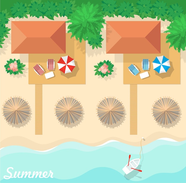 リゾートの平面図バンガロービーチと海夏休みフラットなデザインの背景