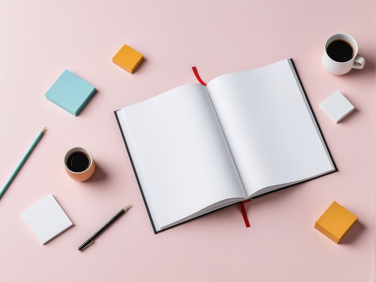 Vector top view of open notebook blank pages coffee cup and pencil on pink background top view of o