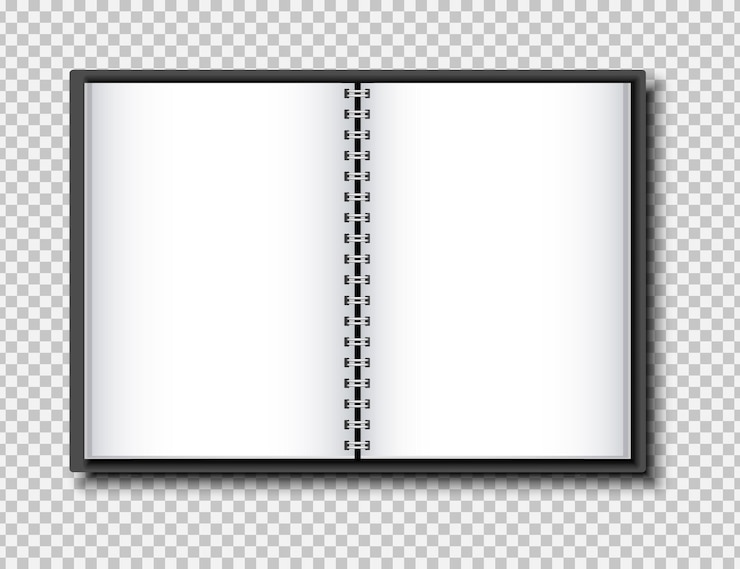 Vector top view of an open sketchbook or notebook with a metallic spiral spine and white sheets usable for design or branding ideal for mockups presentations or notetaking concepts