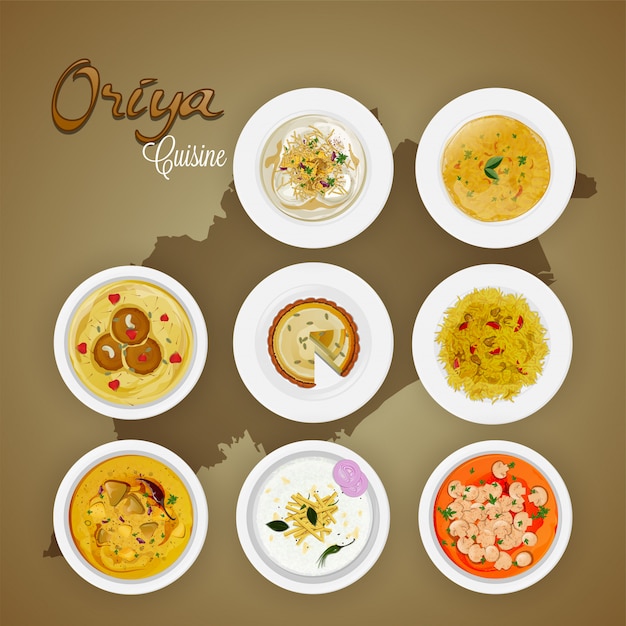 Top view of Oriya cuisine on state map background.