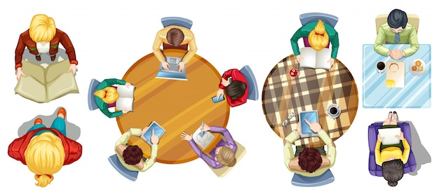 Vector top view of people doing different activities illustration