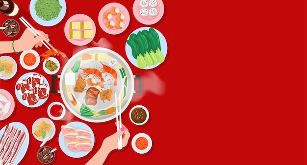top view of people eating thai style bbq or moo kata, vector illustration