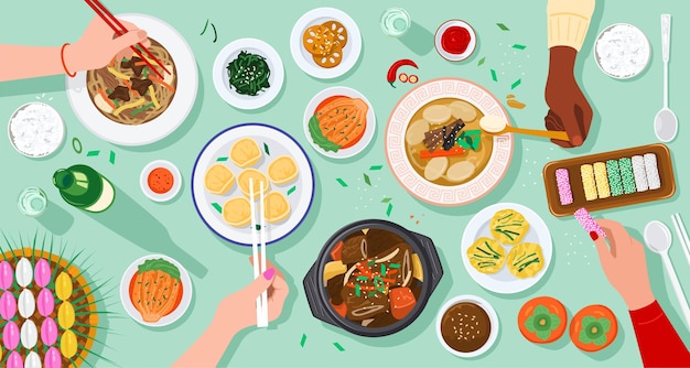 Vector top view of people enjoying korean food together