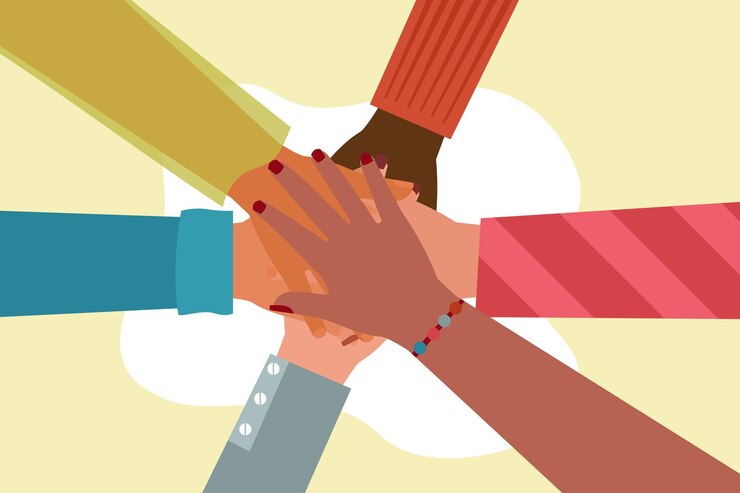 Vector top view of people putting their hands together