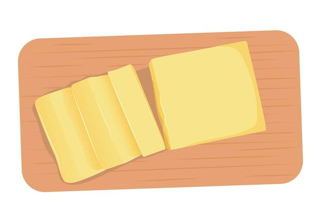 Top view pieces of butter margarine spreads and dairy products on a wooden cutting board isolated