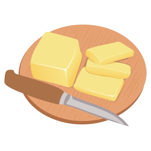 Vector top view pieces of butter margarine spreads and dairy products on a wooden cutting board