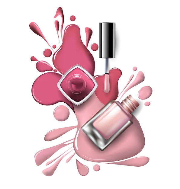 Vector top view of pink, lilac nail polish on white background cosmetics and fashion background template vector.