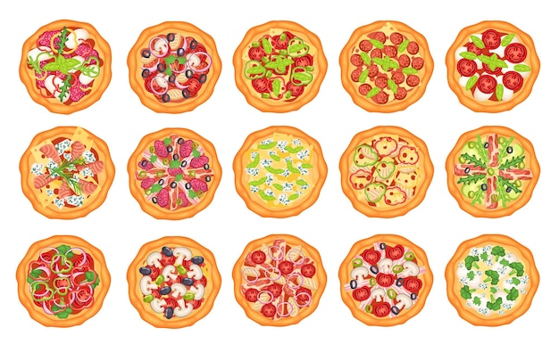 Top view pizza Different Italian pizzas margherita with mozzarella cheese and tomatoes slices pepperoni with basil cartoon vector set