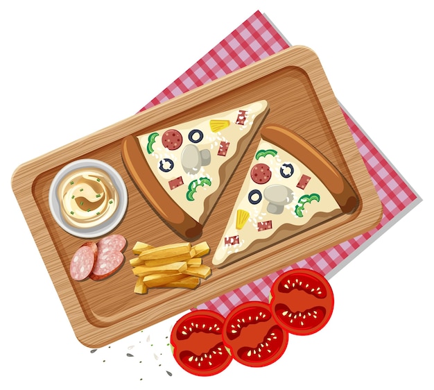 Top view of pizza on wooden tray