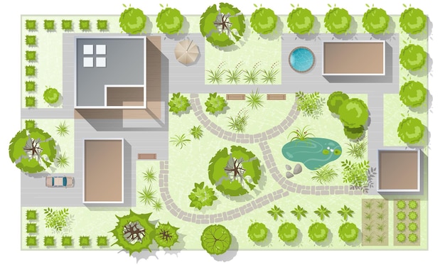 Vettore pianta vista dall'alto con cortile interno garage progetto di villa di campagna con piscina mappa del paese