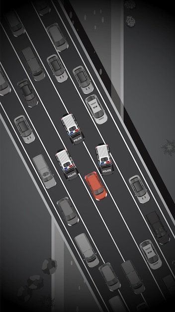 Vector top view of police car vehicle chasing illegal street car on multiple lane highway view from above