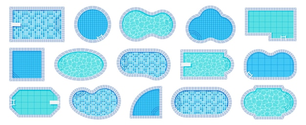 Top view pool Swimming pools of different shapes with tile and water caustics texture vector illustration set