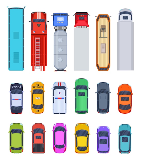 Vector top view public transport truck cars isolated icons police and taxi fire and ambulance vehicle colorful creative transportation exact vector elements