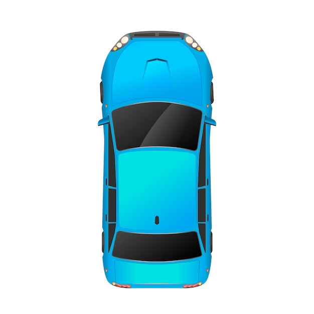 Top view of realistic glossy blue car on white