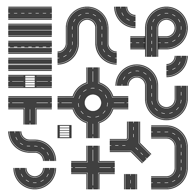 Vector top view road elements. street junction and roads objects, asphalt city speedway. traffic crossroad footpaths  isolated