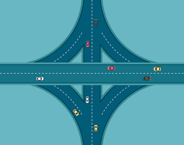 Vector top view road with different cars. autobahn and highway junction. city infrastructure with transportation elements. illustration in a flat modern style.