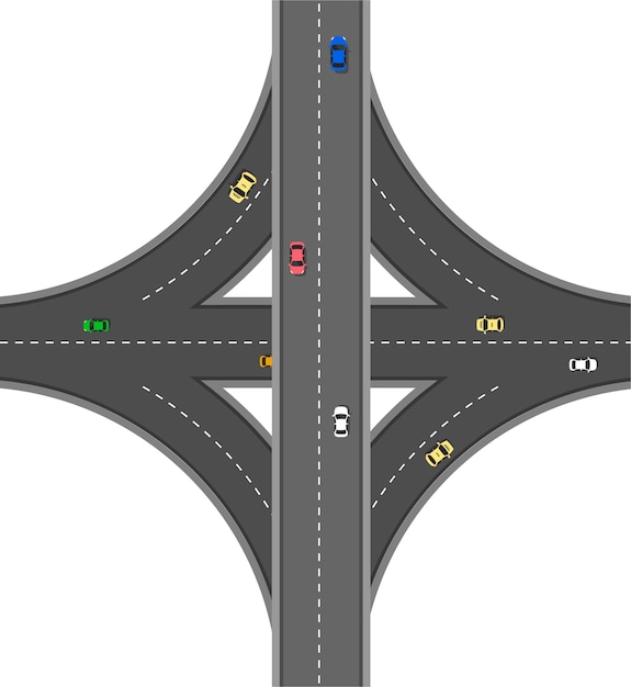 Top view road with different cars. Autobahn and highway junction. City infrastructure with transportation elements.