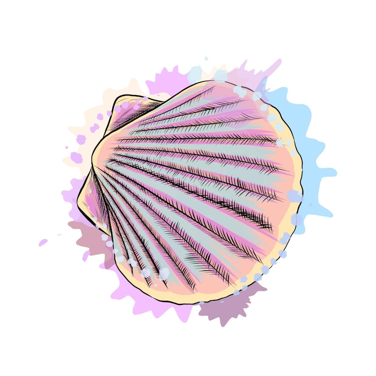 Vector top view sea shell scallops from a splash of watercolor colored drawing realistic