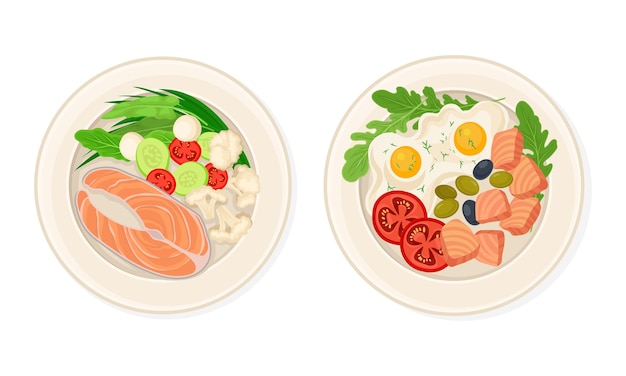 海鮮料理セットのトップビュー野菜と卵のベクトルイラストでプレートで提供されるサーモン魚