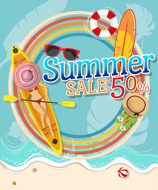 Vector top view of sexy woman in red bikini with colorful background with text summer sale 50%