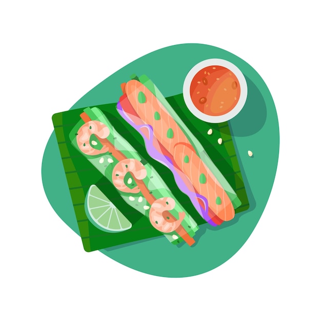 Vector top view of spring rolls with vegetables sauce and shrimp