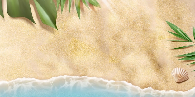 Vector top view summer beach with tropical plants and tides in 3d illustration