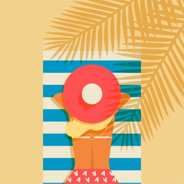 Vector top view of the summer landscape.girl in swimsuit lying on beach sunbathing.woman in hat relaxing at