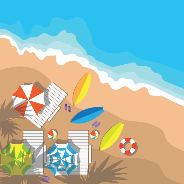 Top view of summer vacation with beach items and wave