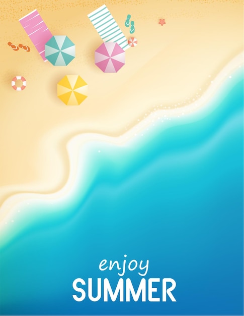 Top view summer with water play equipment placed on the beach beach background with swim ring