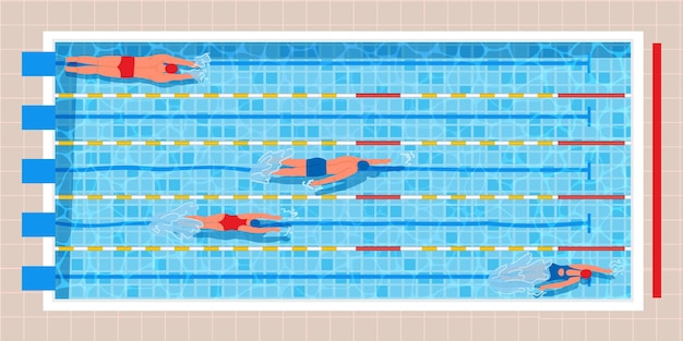 상위 뷰 수영장 수영복 수상 스포츠 벡터 일러스트에서 전문 수영 선수와 풀 레이스