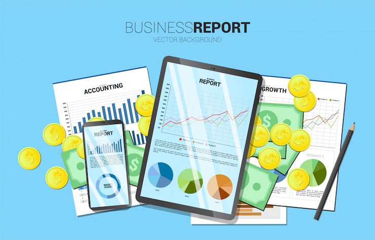 Vector top view table business report in mobile phone and tablet with paper and money. 