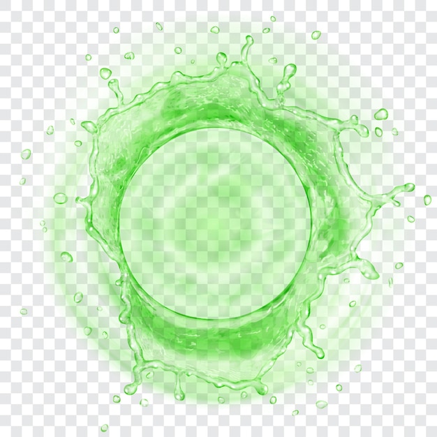 透明な背景に分離された緑の色の滴と半透明の水の王冠のトップ ビュー