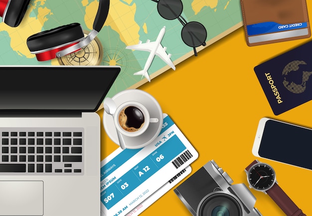 top view on travel and vacations background