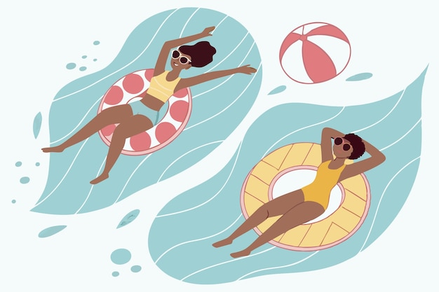 Top view twee jonge vrouwen zwemmen ontspannen in het zwembad zomervakantie concept illustratie vector kunst op witte achtergrond