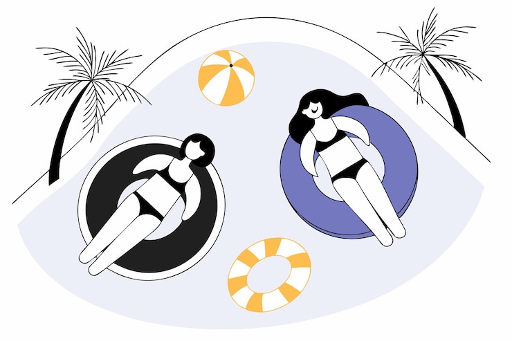 Vector top view two young women swimming relax in the pool summertime holidays concept illustration vector art on white background