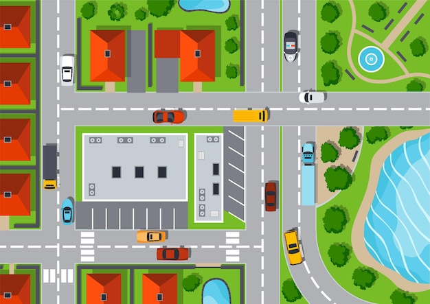 Vector top view of the urban city crossroads with streets roads and cars houses park and lake