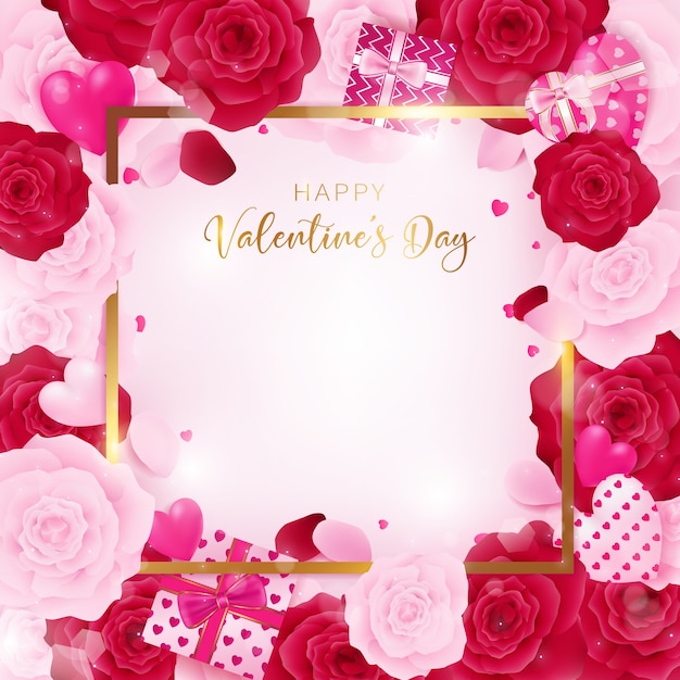 Vector top view valentine square border included golden border and happy valentine's day text.