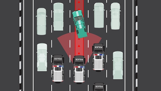 top view van straat auto voertuig racen met politie auto achtervolging achtervolging in zwarte weg scène