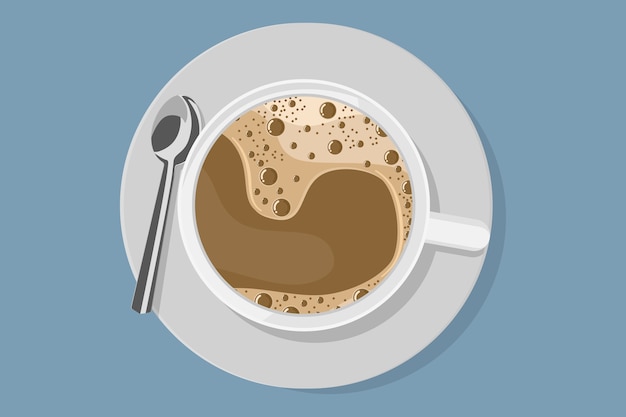 Vector top view of white coffee cup with plate and spoon