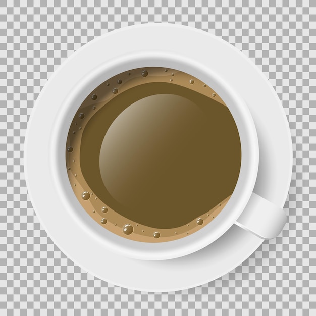 Vector top view of white coffee cup with plate on transparent background