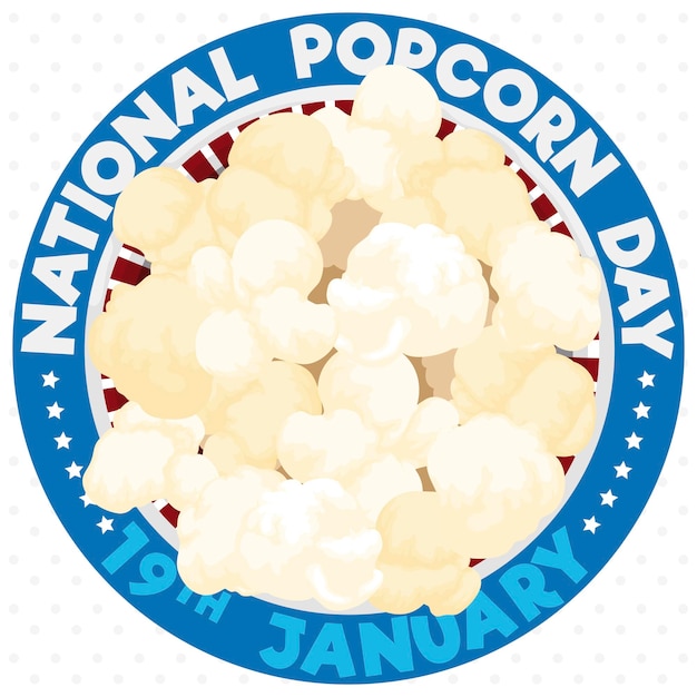 Vector top view with popcorn basket over patriotic button ready to be eaten during national popcorn day