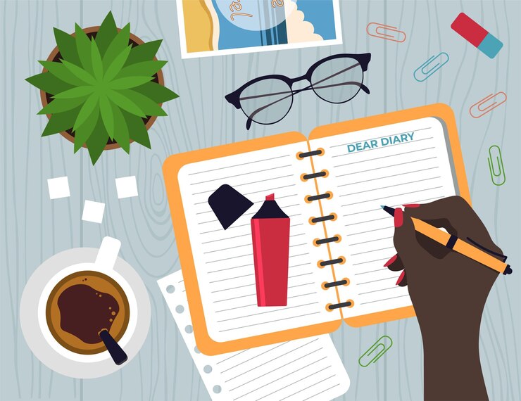 Vector top view of woman's hand drawing in diary on the desk vector illustration in flat style