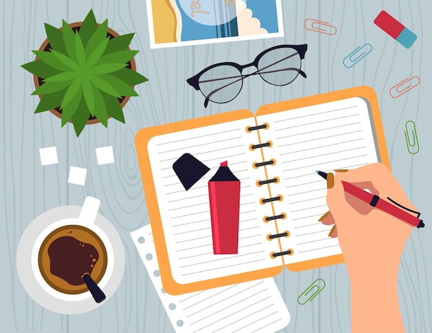 top view of womans hand drawing in notebook vector illustration in flat style