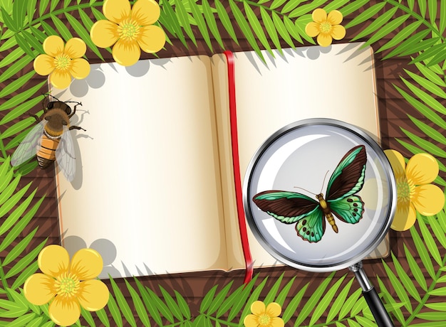 Vector top view of wooden table with blank page of book and insects and leaves element