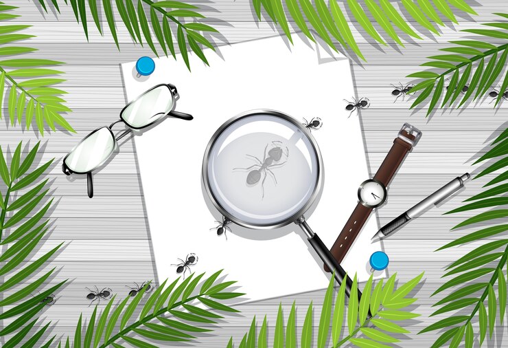 Vector top view of wooden table with office objects and leaves and insects element